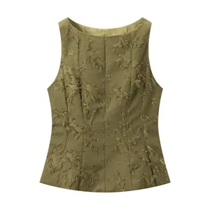 Women's Fringed Jacquard Sleeveless Top Olive Green Round Neck Tank Top Casual Western Style Fitted Vest Autumn Fashion
