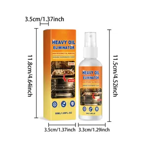 Detailed dimension diagram for 50ml heavy oil eliminator spray and orange packaging box.