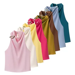 Damen Halterneck Ärmelloses Top Mit Metallring Dekoration Casual Einfarbig Satin Polyester Bluse Für Frühling Sommer Lady Top