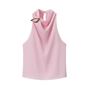Elegante rosa ärmellose Neckholder-Bluse mit Wasserfallausschnitt und goldener Metallschnalle