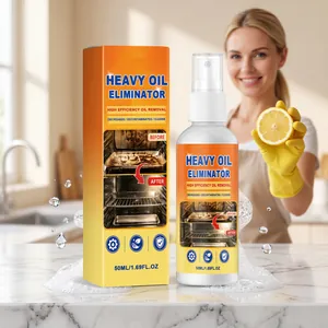Kitchen heavy oil eliminator spray with packaging and model holding a lemon slice.