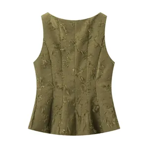 Detailed back view of olive green jacquard sleeveless top with fringe tassel decor