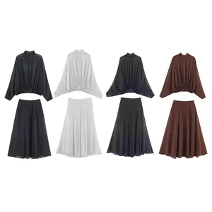 Eleganter Polka Dot Satin Langarm Top Und A-Linien Midirock Für Damen Europäische Mode Bedruckte Casual Bekleidung