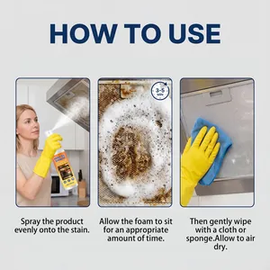Step-by-step instructional guide for using heavy duty grease cleaner spray on kitchen.