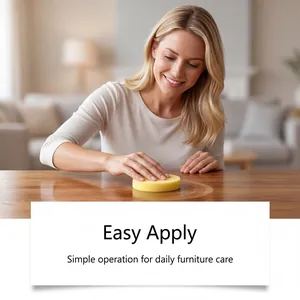 Demonstration of a woman applying polish to a wooden table with a sponge for daily furniture care