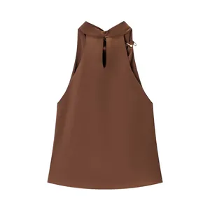 Elegantes schokoladenbraunes Satin-Neckholder-Top mit Metallverschluss für Damen