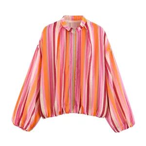 Vibrant multi-colored striped summer jacket with zipper and relaxed lantern sleeves.