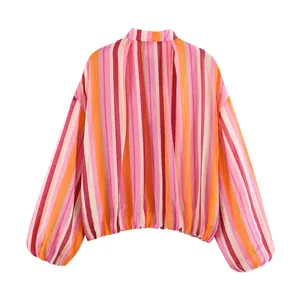 Back view of a vibrant colorful striped summer jacket with chic lantern sleeves.