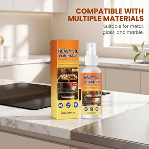 Heavy oil cleaning spray shown in a modern kitchen setting, 50ml bottle and packaging box.