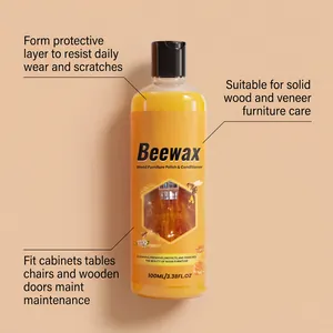 Detail view of wood furniture polish bottle showing protective benefits and uses