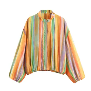 Macro detail view of colorful vertical striped women's casual loose zipper jacket
