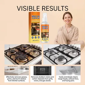 Heavy oil eliminator spray showing before and after cleaning results on kitchen stove