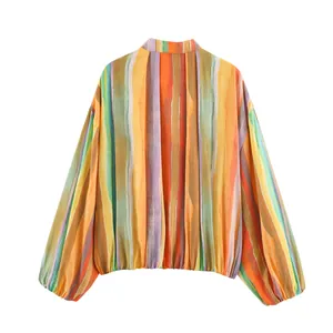 Detailed back view of a loose colorful vertical striped jacket with elasticated hem