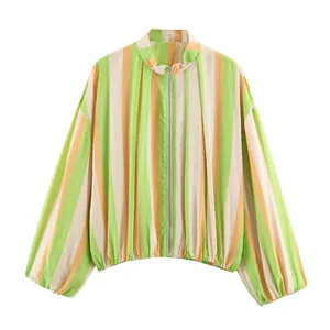 Front view of a lightweight striped women's jacket featuring green and beige tones
