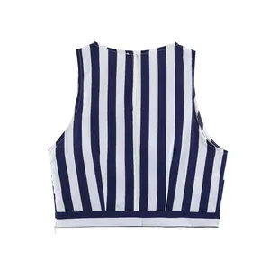 Detailed back view of a navy and white vertical striped sleeveless summer crop top.
