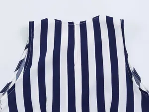 Close-up detail of back neckline with button closure on navy blue and white striped top
