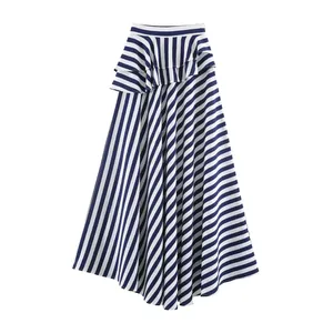 Detail view of asymmetrical striped skirt with ruffled waist for summer vacation style