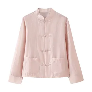 Elegant pale pink long-sleeved blouse with traditional knot closures and distinctive Mandarin collar