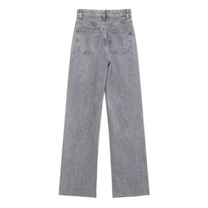 Rückansicht einer grauen High-Waist-Jeans mit geradem Bein aus Denimstoff