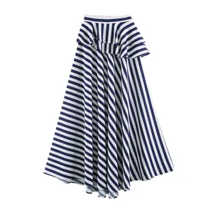 High-angle detailed view of the asymmetric blue and white striped skirt with ruffled hem