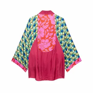 Back view of elegant women floral and geometric print kimono jacket in pink and orange