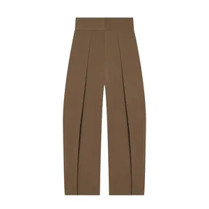 Front view of women's high-waisted balloon fit pleated pants in brown