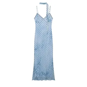 Full view of light blue polka dot tie-dye slip dress including matching skinny scarf.