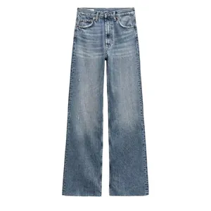 Hoch taillierte lange Jeans mit geradem Bein in klassischer Vintage-Blau-Waschung Detail