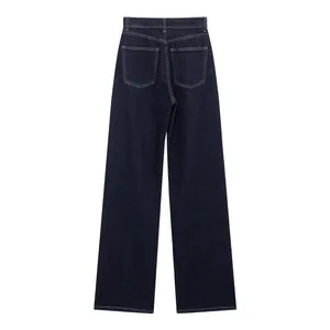Detaillierte Rückansicht der dunkelblauen Straight-Leg-Jeans mit hoher Taille und Taschen