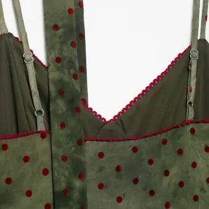 Sexy olive green slim camisole summer dress with red velvet polka dots and adjustable straps