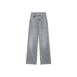 Jeans in denim grigio a vita alta e gamba dritta da donna, stile casual autunnale