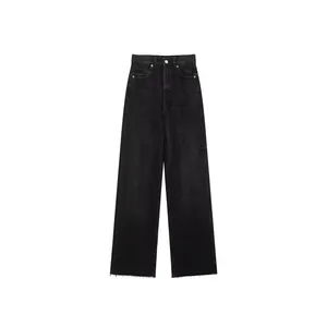 Jeans neri a vita alta a gamba dritta da donna con orlo a taglio vivo per look casual