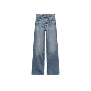 Jeans in denim da donna a vita alta lavaggio blu chiaro gamba dritta e larga
