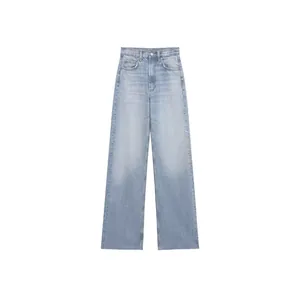 Jeans da donna a vita alta a gamba dritta blu chiaro, pantaloni casual stile europeo.