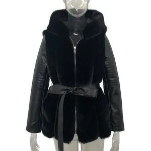 Detailed front view of a black hooded faux fur jacket with belted waist and leather sleeves