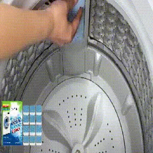 Close-up of washing machine cleaner tablets showing usage in a drum washing machine