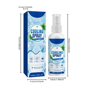 Cooling spray for fabric with peppermint scent including detailed bottle and box dimensions.