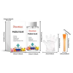 Gedetailleerde afmetingen van Dowmoo puzzellijm set met fles, kwast en handschoen.