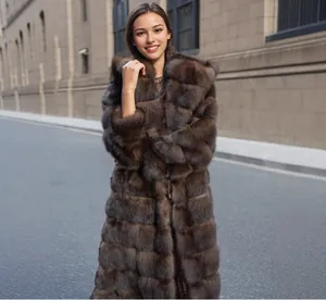 Elegant long faux mink fur coat with hood for women, winter Russian sable style jacket
