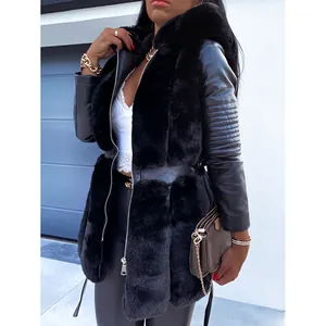 Detailed view of women's black faux fur hooded jacket with leather sleeves and belt