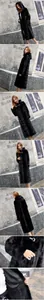 Detailed views of a long black hooded faux mink fur coat with soft texture and inner lining.