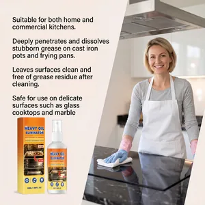 Woman cleaning glass cooktop with heavy oil eliminator spray in a modern kitchen scene