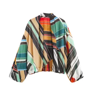 Back view of a vibrant multi-colored striped loose casual jacket for women fashion