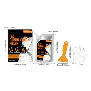 Fast curing crack filler kit with sealant pouch, scraper, and glove measurements