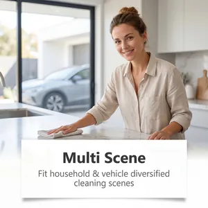 Woman cleaning a kitchen counter with a cloth, multi-scene household cleaning scenario.