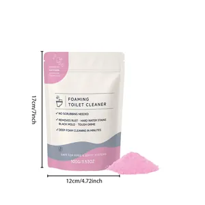 Detail of 100g pink foaming toilet cleaner powder with dimensions and packaging