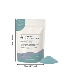 Detailed dimensions of 100g foaming toilet cleaner powder in a white stand-up pouch