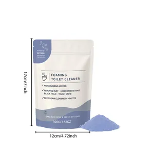 Detailed view of 100g foaming toilet cleaner powder showing 17cm by 12cm dimensions