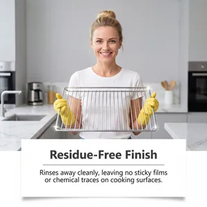 Effective oven cleaner providing a residue-free shine on metal kitchen racks and cooking surfaces.