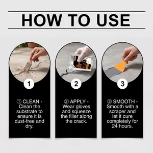 Instructional guide showing three steps to apply concrete crack filler for repairs.